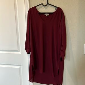 NWOT Joan Vass burgundy long sleeve v neck shirt dress w/ shirttail bottom (good
